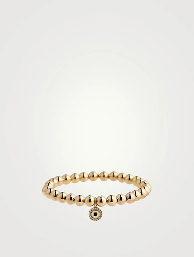 14K Gold Beaded Bracelet With Diamond Evil Eye Disc Charm