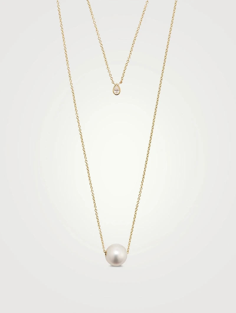 14K Gold Layered Chain Necklace With Pearl And Diamond
