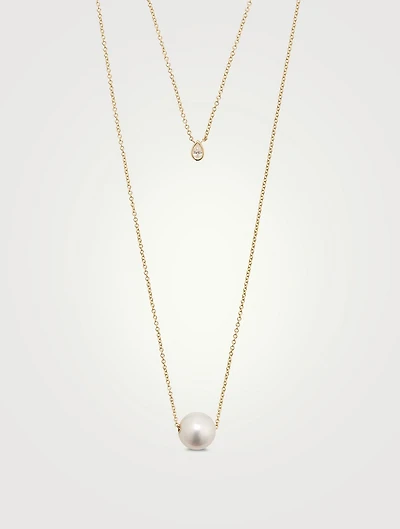 14K Gold Layered Chain Necklace With Pearl And Diamond