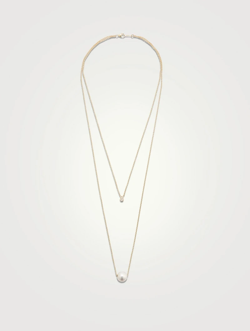 14K Gold Layered Chain Necklace With Pearl And Diamond
