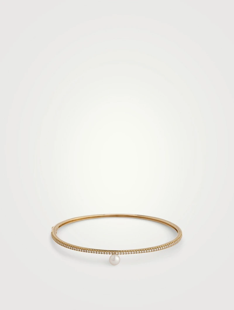 14K Gold Cuff Bracelet With Diamonds And Pearl
