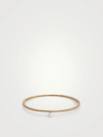 14K Gold Cuff Bracelet With Diamonds And Pearl
