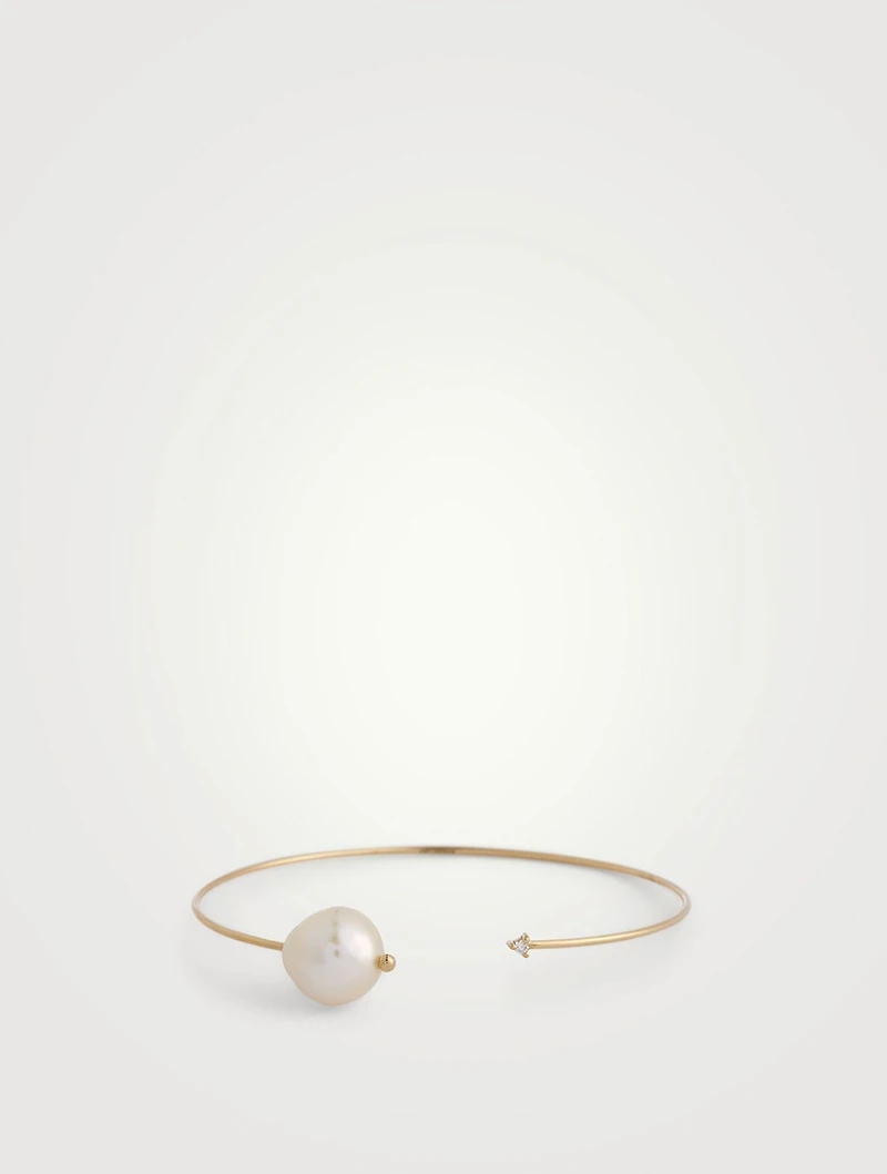 14K Gold Cuff Bracelet With Pearl And Diamond