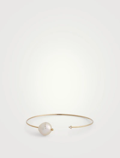 14K Gold Cuff Bracelet With Pearl And Diamond