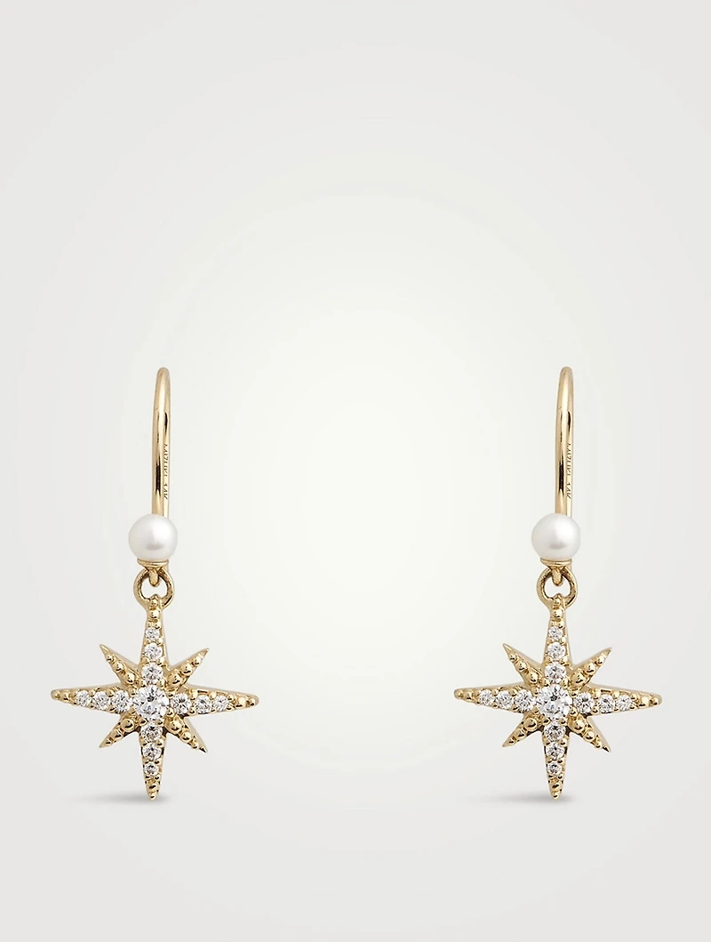 14K Gold Starburst Earrings With Diamonds And Pearls