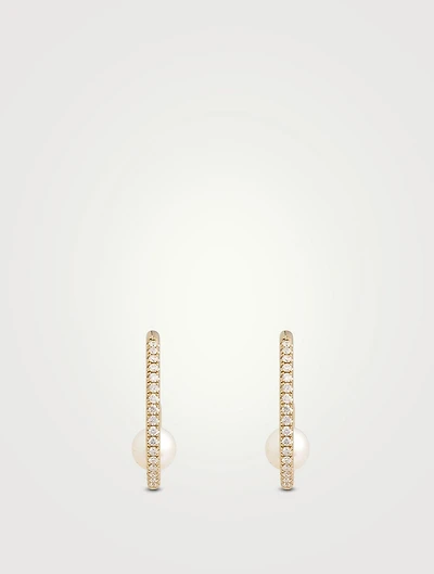 14K Gold Hoop Earrings With Pearls And Diamonds