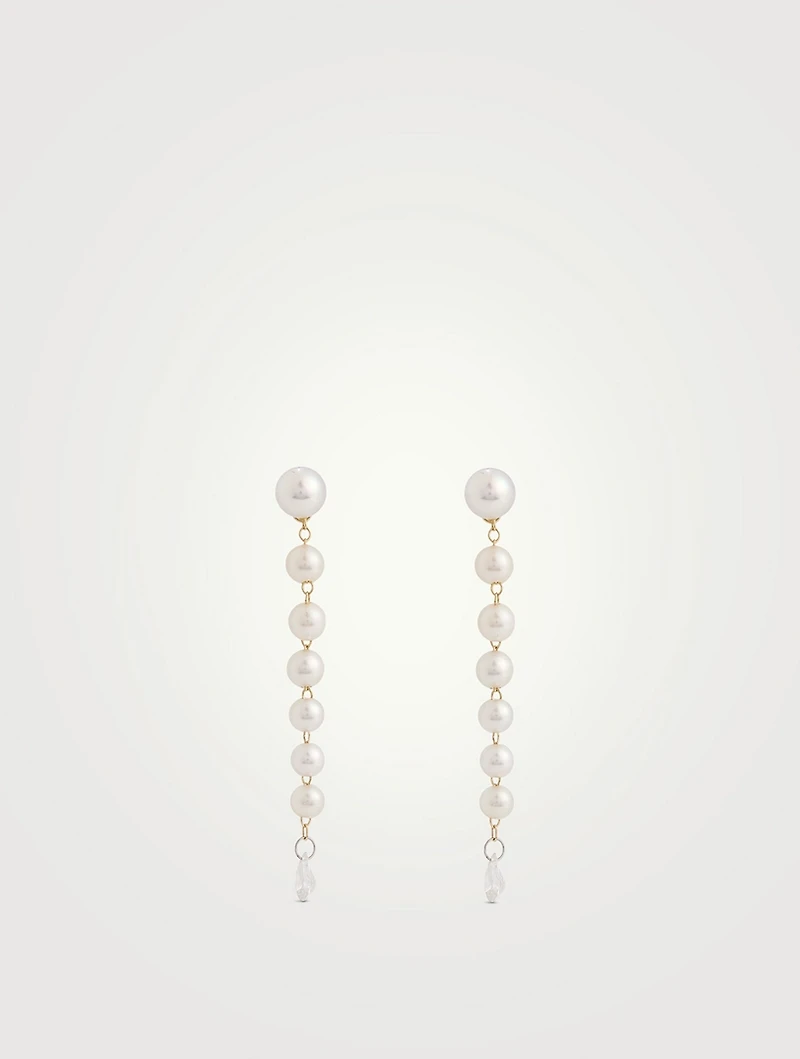 14K Gold Pearl Drop Earrings With Diamonds