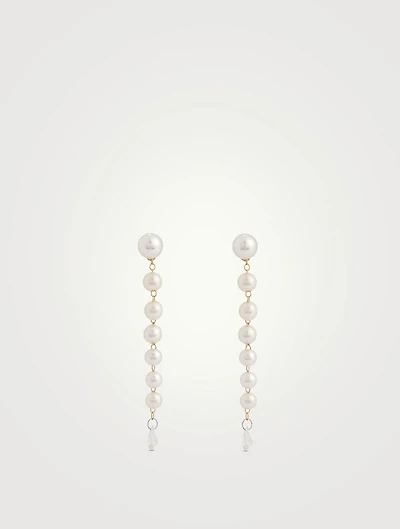 14K Gold Pearl Drop Earrings With Diamonds