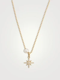 14K Gold Ball Chain Starburst Pendant Necklace With Pearl And Diamonds