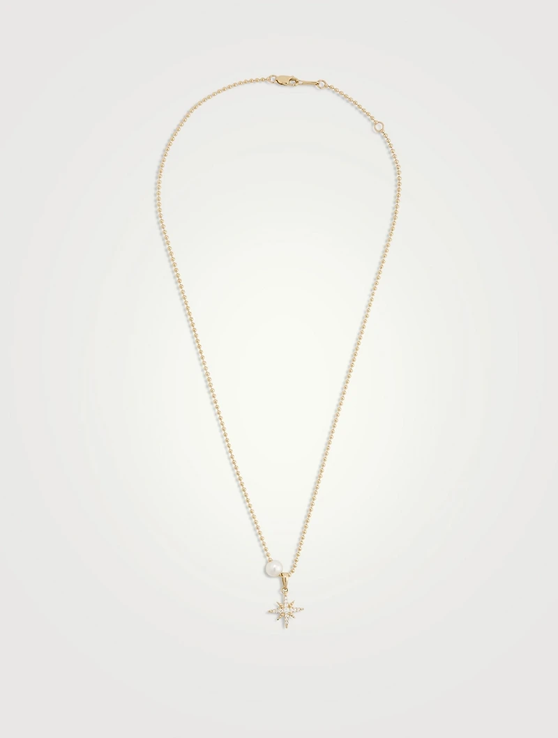 14K Gold Ball Chain Starburst Pendant Necklace With Pearl And Diamonds