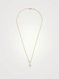 14K Gold Ball Chain Starburst Pendant Necklace With Pearl And Diamonds