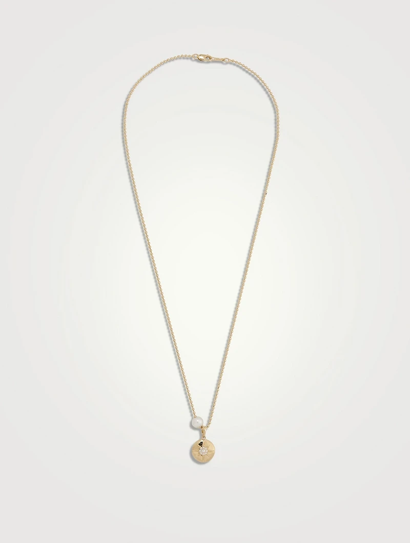 14K Gold Ball Chain Starburst Medallion Pendant Necklace With Pearl And Diamond