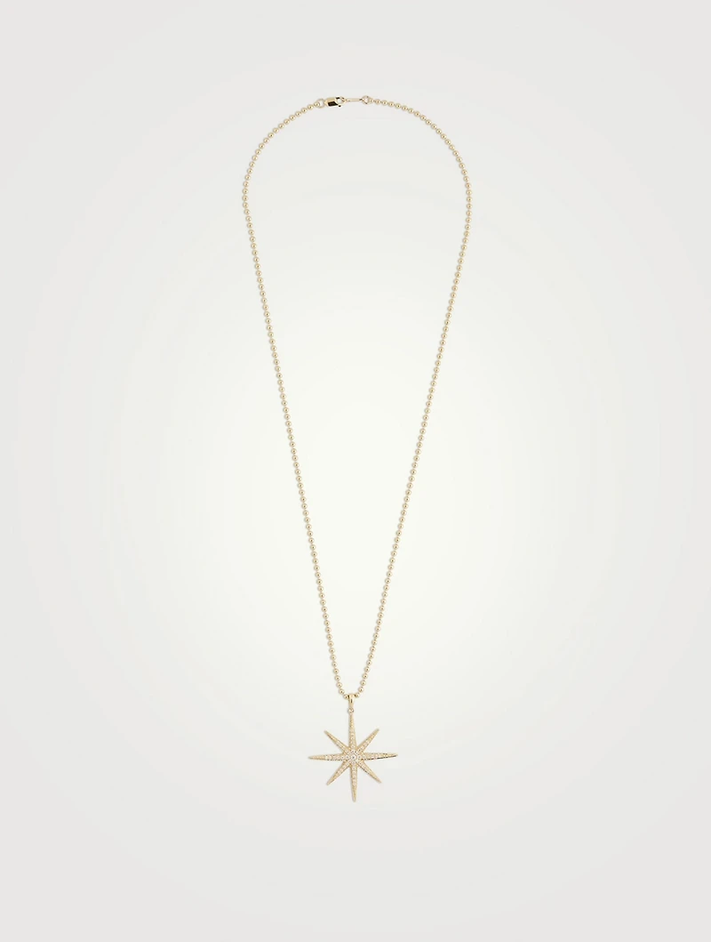 14K Gold Ball Chain Starburst Pendant Necklace With Diamonds