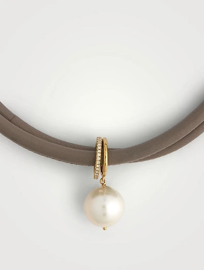 Leather And 14K Gold Necklace With Pearl And Diamonds