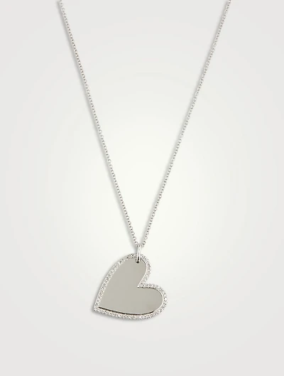 14K White Gold Mirror Heart Necklace With Diamonds
