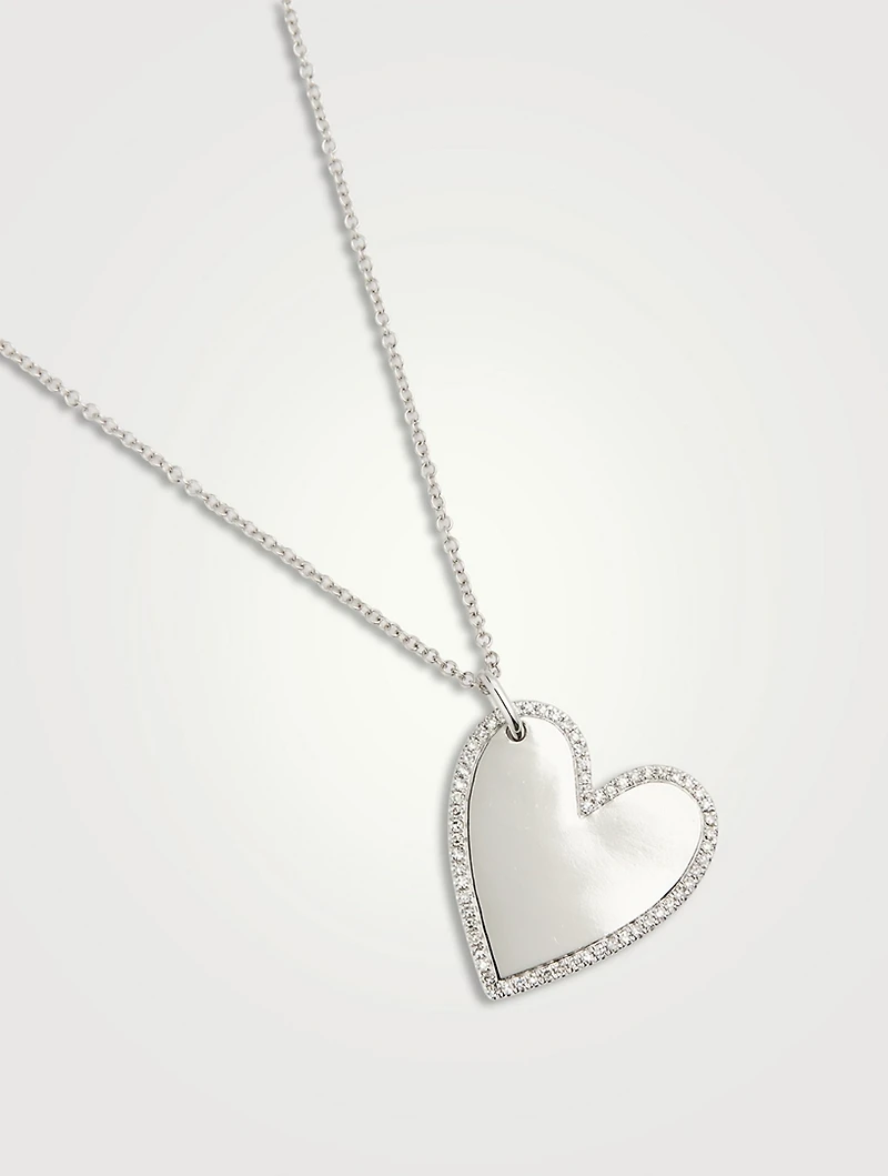 14K White Gold Mirror Heart Necklace With Diamonds