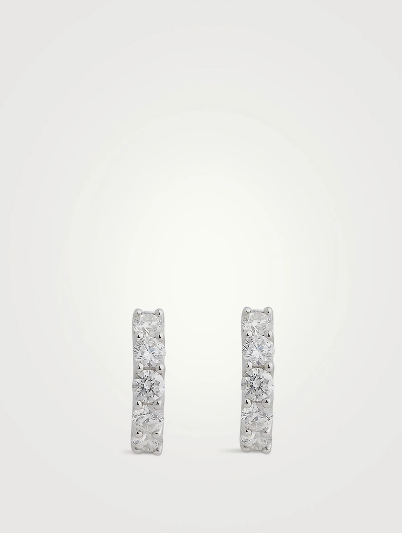 14K White Gold U-Shape Huggie Hoop Earrings With Diamonds