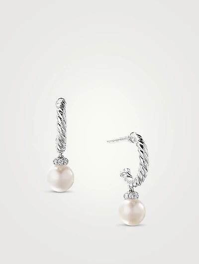 Petite Solari Hoop Drop Earrings In 18k White Gold With Pearls And Pavé Diamonds