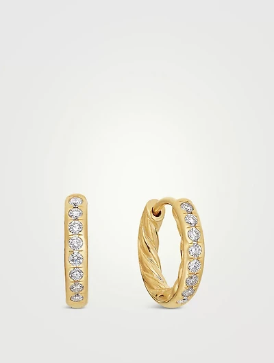 Pavé Huggie Hoop Earrings In 18k Yellow Gold With Diamonds, 13mm