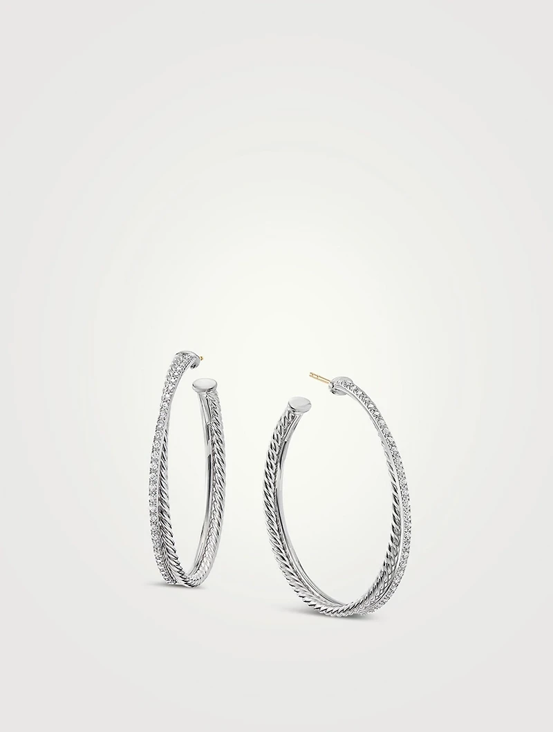 Crossover Hoop Earrings In Sterling Silver With Pavé Diamonds