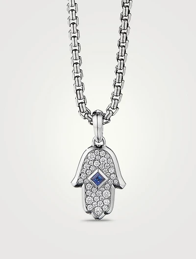 Hamsa Amulet In 18k White Gold With Pavé Diamonds And Blue Sapphire
