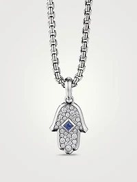 Hamsa Amulet In 18k White Gold With Pavé Diamonds And Blue Sapphire