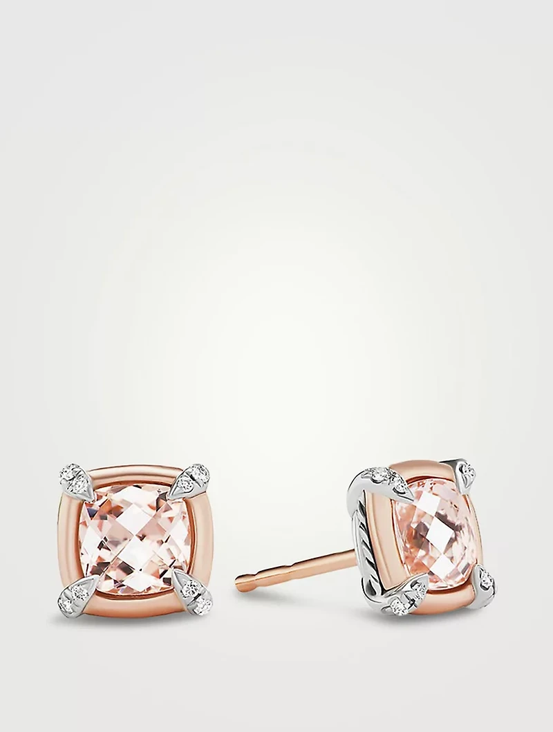 Petite Chatelaine® Stud Earrings In Sterling Silver With Morganite, 18k Rose And Pavé Diamonds