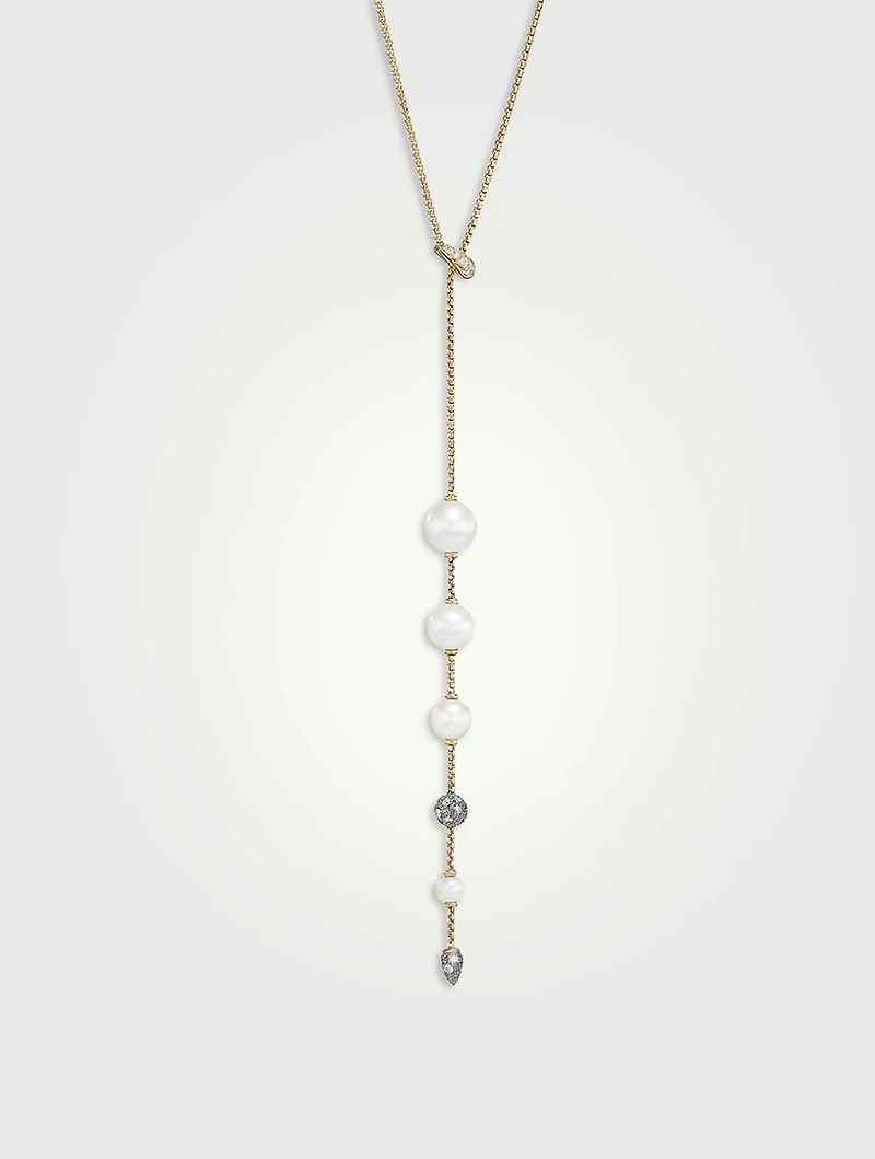 Pearl And Pavé Y Necklace In 18k Yellow Gold With Diamonds
