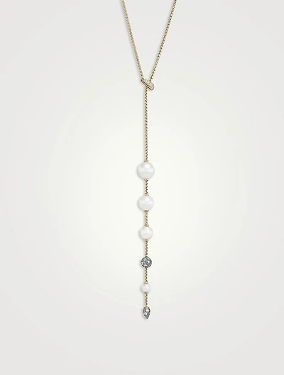Pearl And Pavé Y Necklace In 18k Yellow Gold With Diamonds