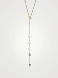 Pearl And Pavé Y Necklace In 18k Yellow Gold With Diamonds