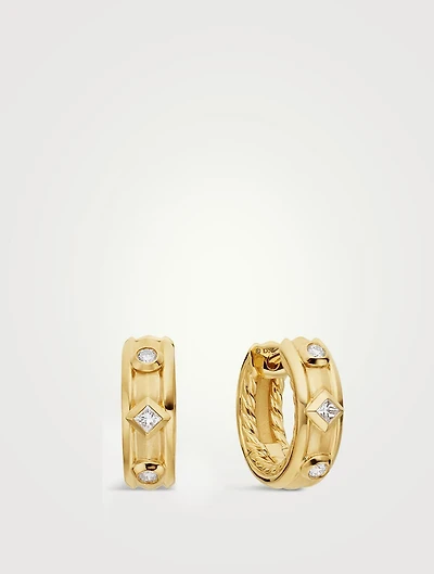 Modern Renaissance Huggie Hoop Earrings In 18k Yellow Gold With Diamonds