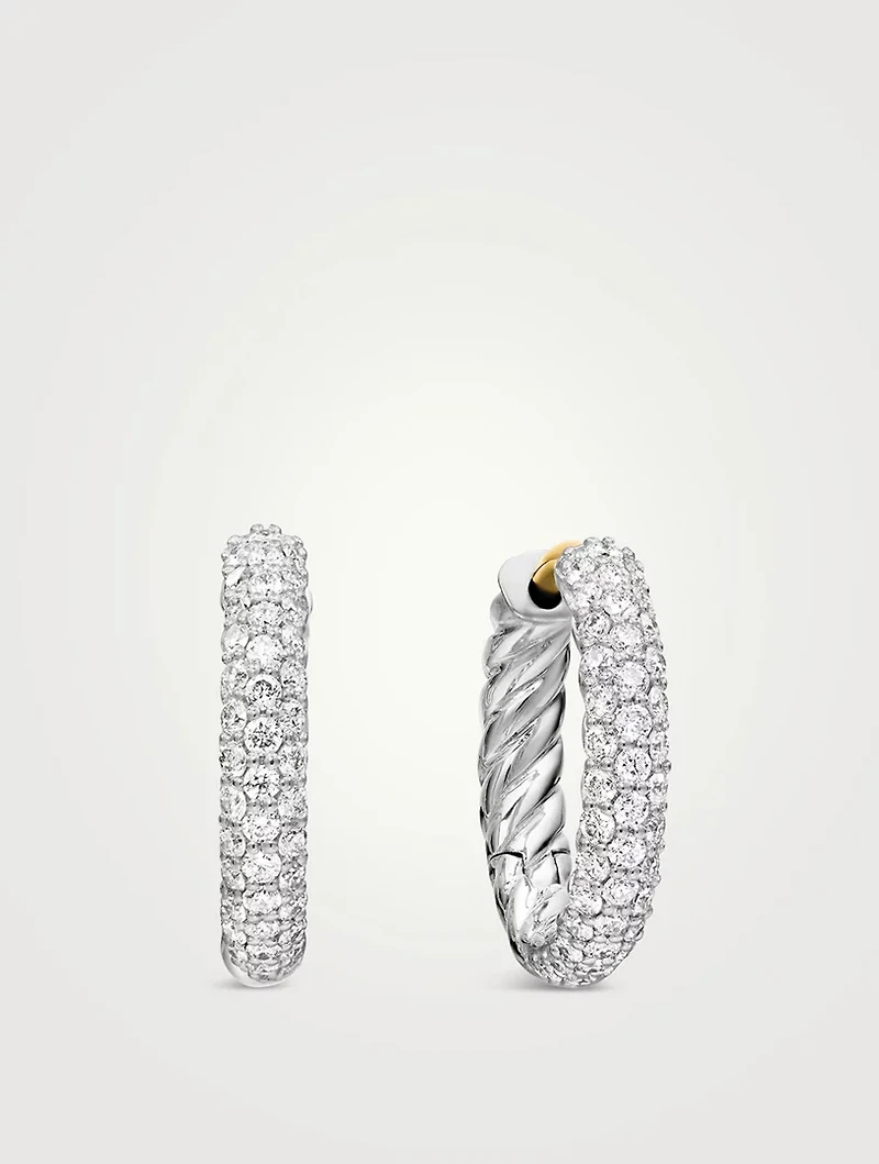 Petite Pavé Huggie Hoop Earrings In Sterling Silver With Diamonds, 14mm