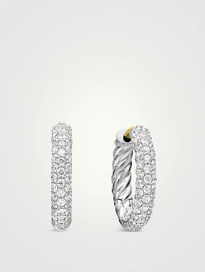 Petite Pavé Huggie Hoop Earrings In Sterling Silver With Diamonds, 14mm