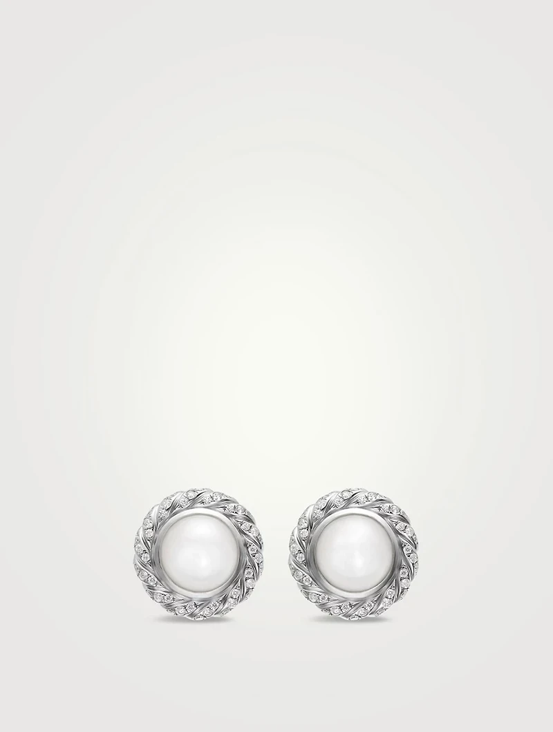 Pearl Classics Cable Halo Button Earrings In Sterling Silver With Diamonds, 13mm