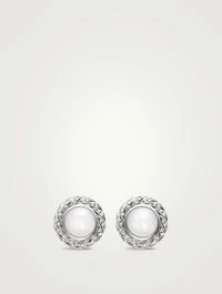 Pearl Classics Cable Halo Button Earrings In Sterling Silver With Diamonds, 13mm