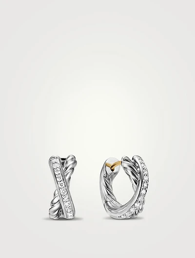 Crossover Huggie Hoop Earrings In Sterling Silver With Diamonds, 12.4mm
