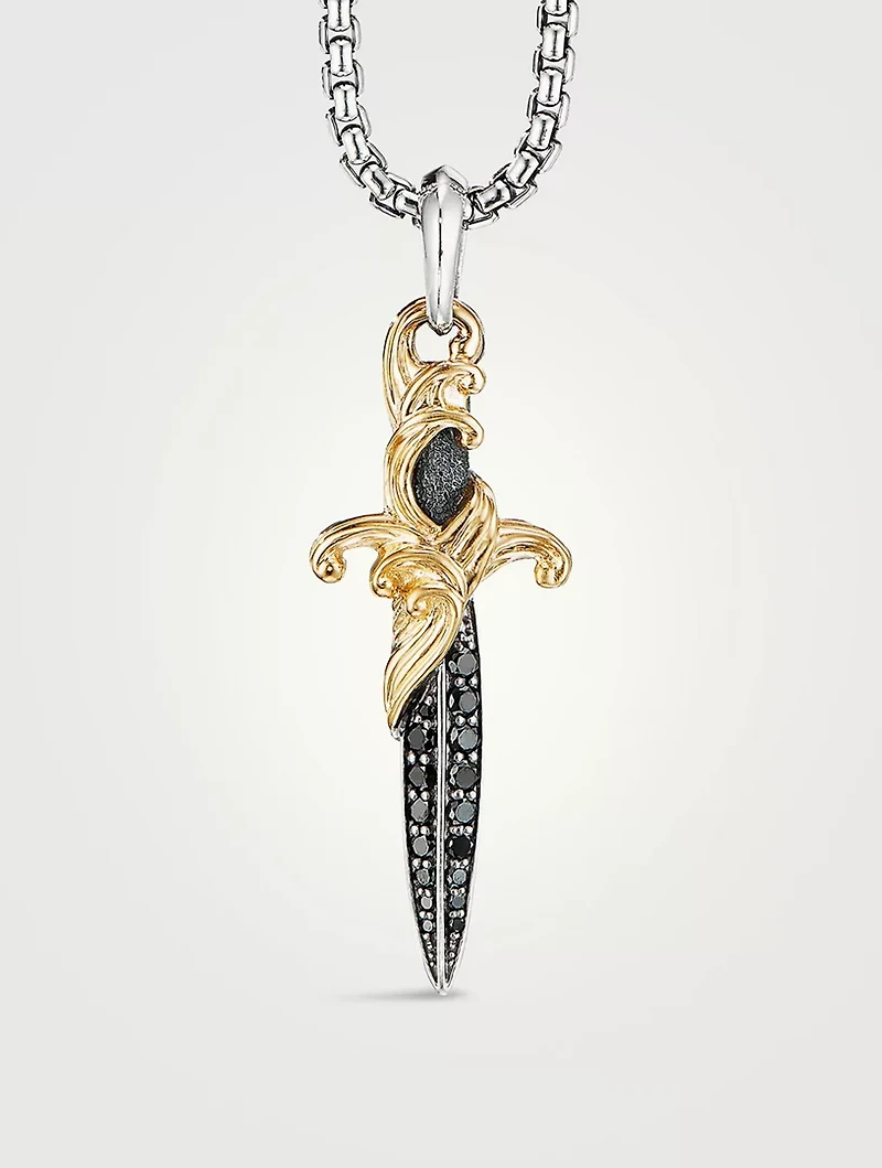 Waves Dagger Amulet In Sterling Silver With Pavé Black Diamonds And 18k Yellow Gold
