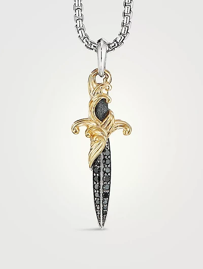 Waves Dagger Amulet In Sterling Silver With Pavé Black Diamonds And 18k Yellow Gold