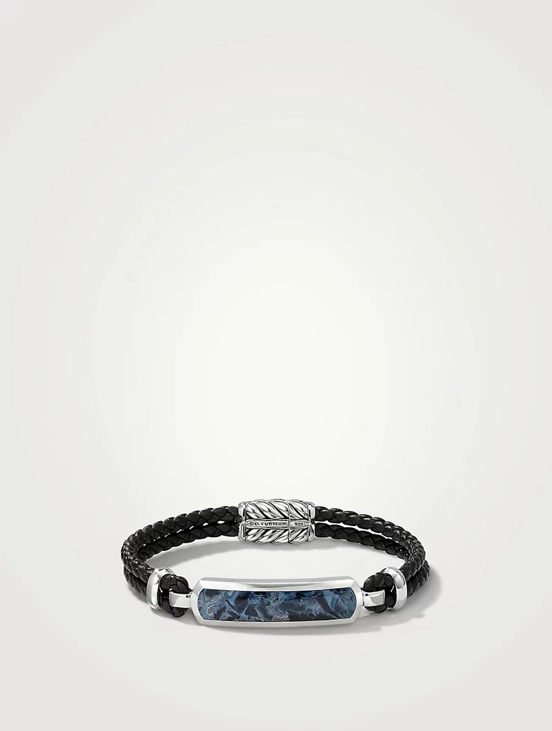 Exotic Stone Bar Station Black Leather Bracelet With Pietersite