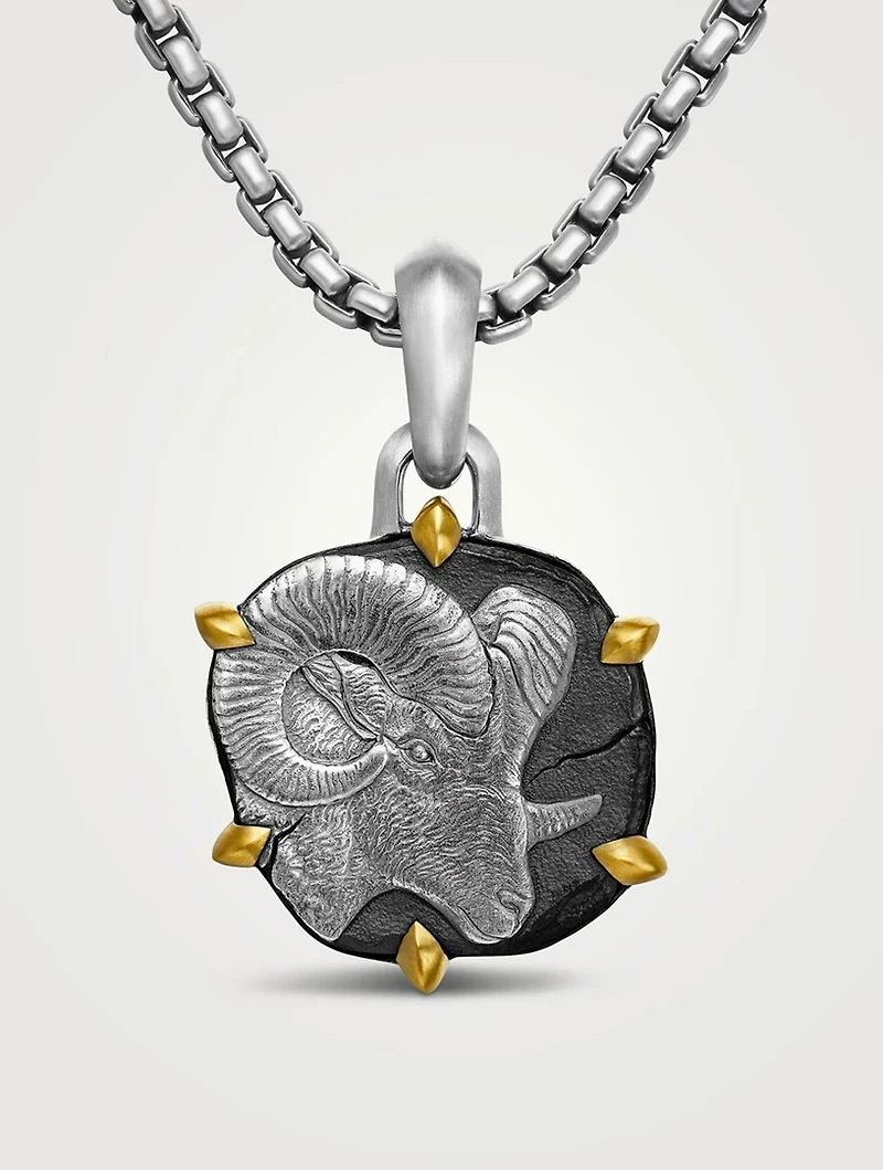 Aries Amulet In Sterling Silver With 18k Yellow Gold, 33mm