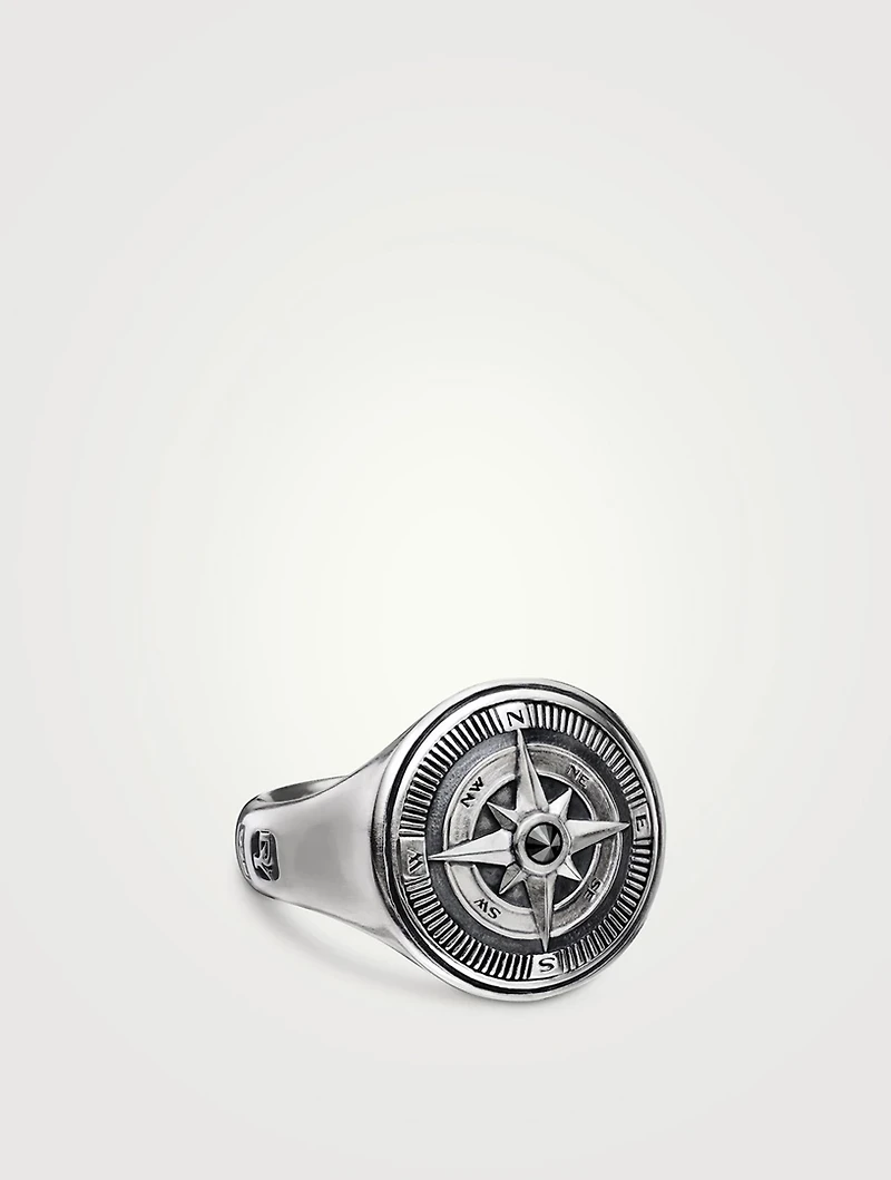 Maritime® Compass Signet Ring Sterling Silver With Center Black Diamond, 19.4mm