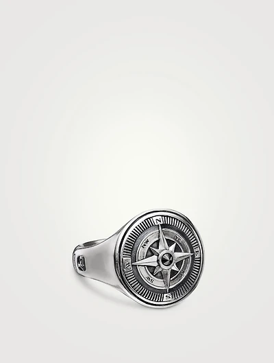Maritime® Compass Signet Ring Sterling Silver With Center Black Diamond, 19.4mm