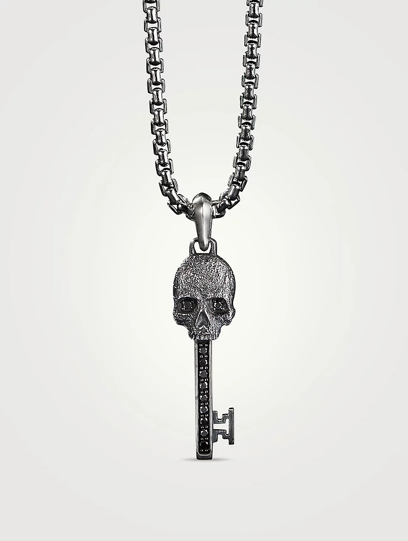 Memento Mori Skull Key Amulet In Sterling Silver With Pavé Black Diamonds