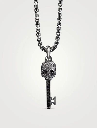 Memento Mori Skull Key Amulet In Sterling Silver With Pavé Black Diamonds