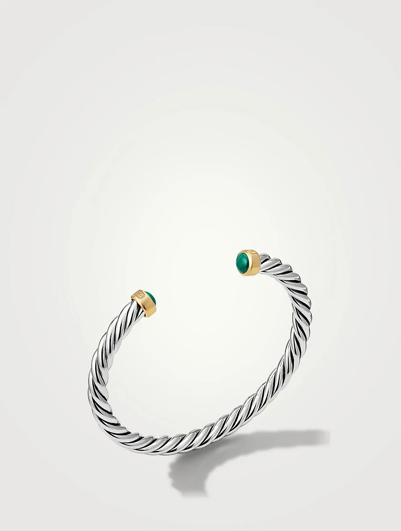 Cable Cuff Bracelet Sterling Silver With 18k Yellow Gold And Malachite