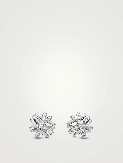 Crossover Stud Earrings In Sterling Silver With Diamonds, 11mm