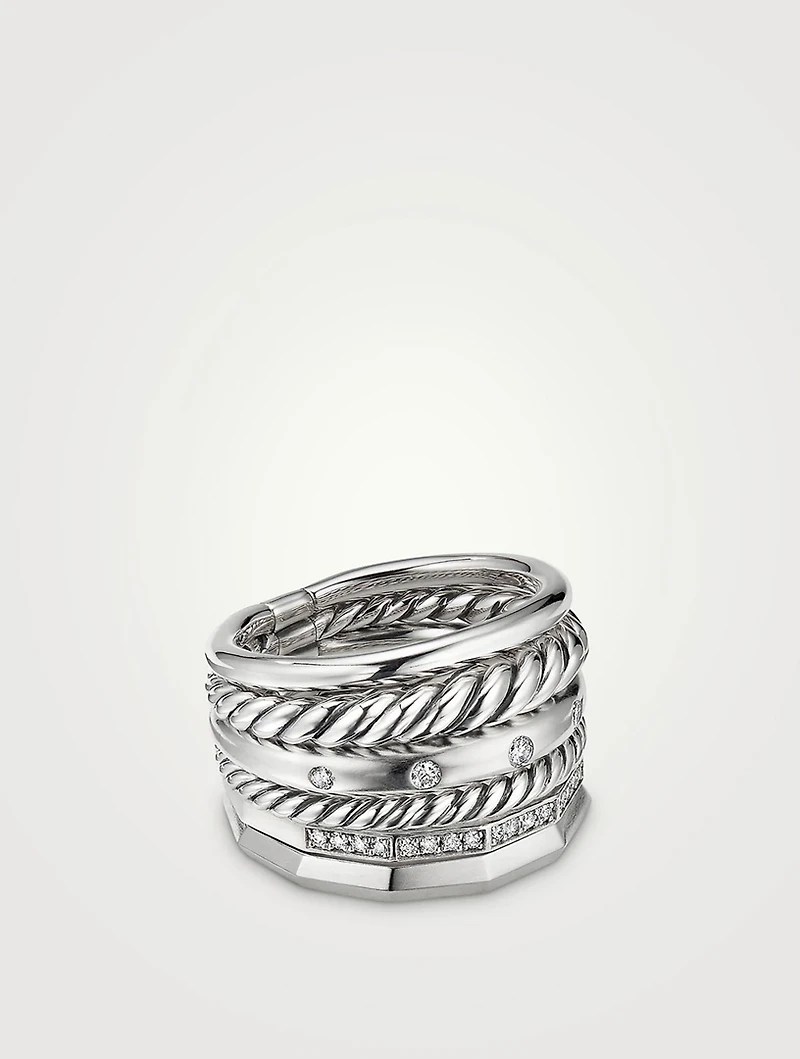 Stax Six Row Ring Sterling Silver With Pavé Diamonds