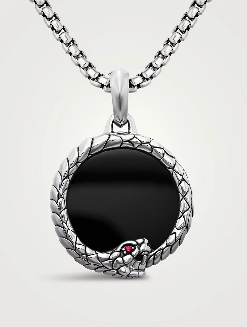 Ouroboros Amulet In Sterling Silver With Black Onyx And Ruby, 25mm