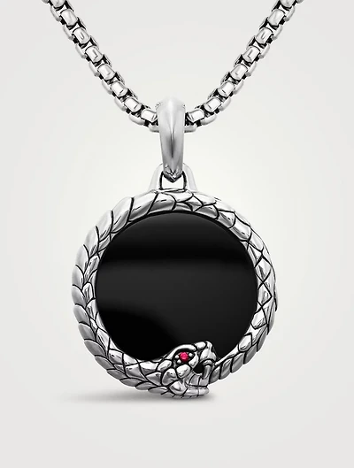 Ouroboros Amulet In Sterling Silver With Black Onyx And Ruby, 25mm