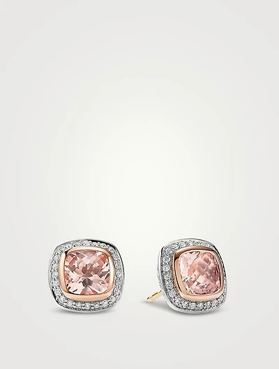 Albion® Stud Earrings In Sterling Silver With Morganite, Pavé Diamonds And 18k Rose Gold